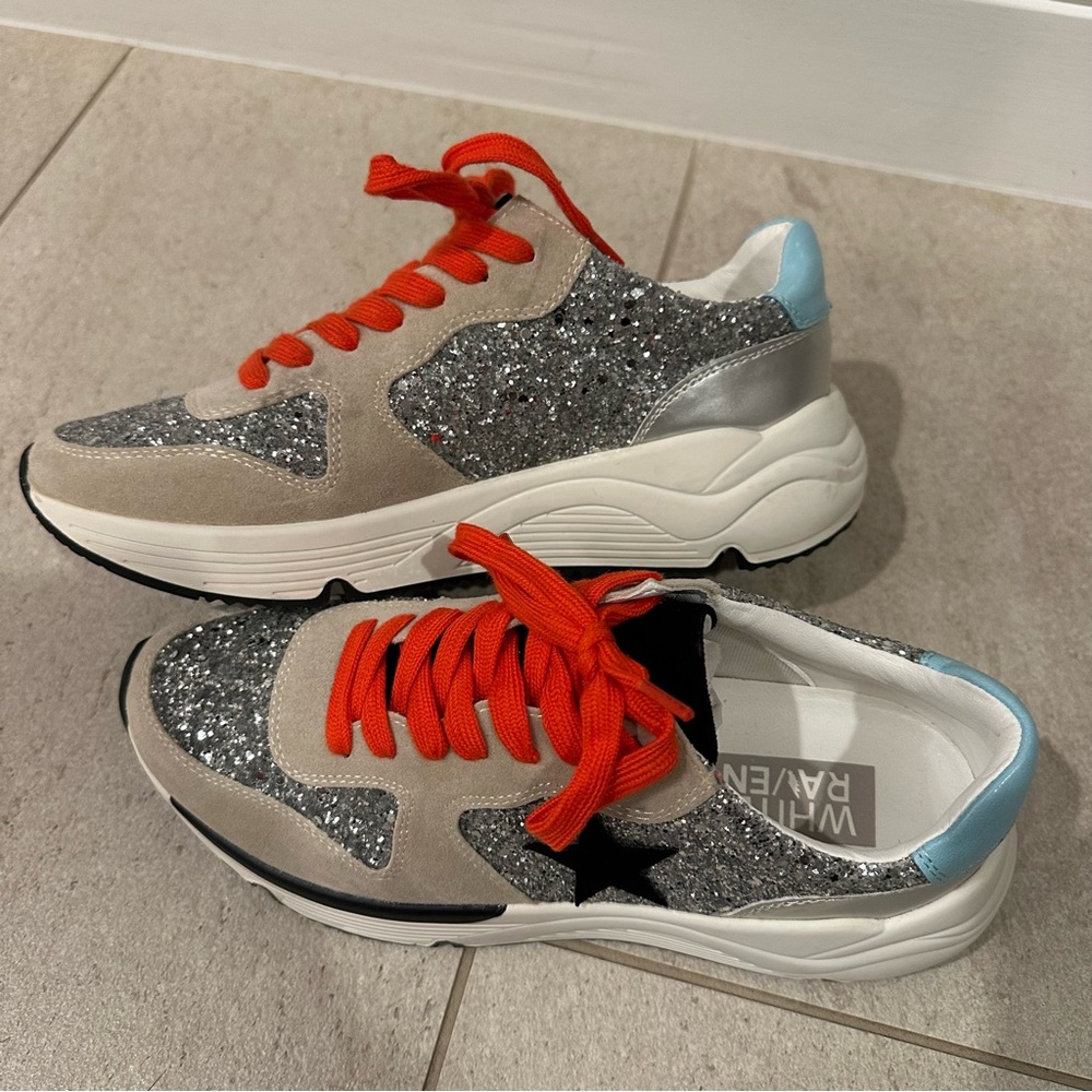 NWOT Women's White Raven Quincy Glitter Sneakers with Orange Laces Size 6.5 - Picture 5 of 8